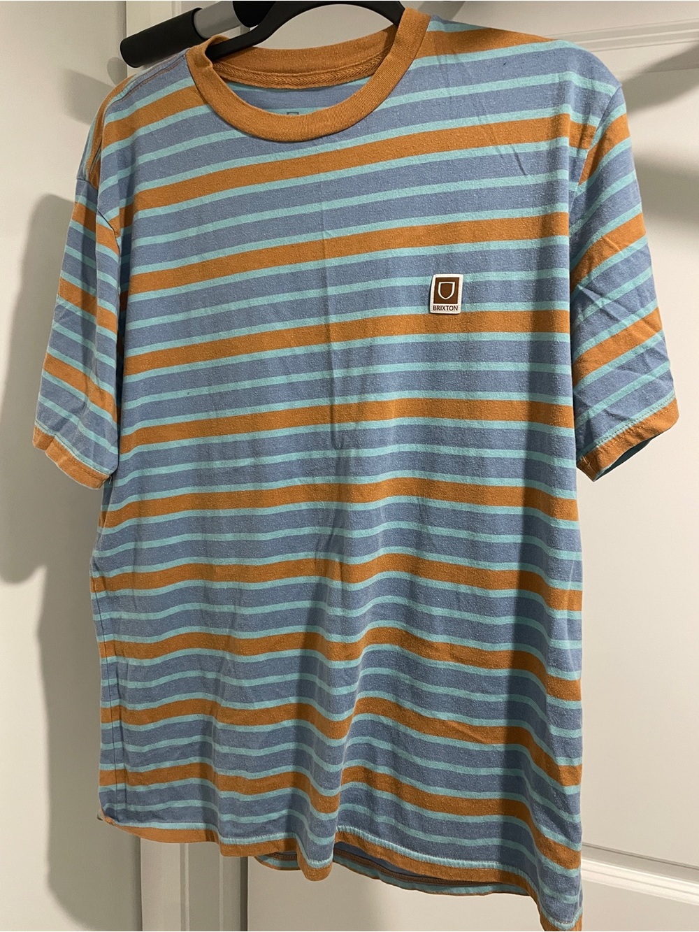 Brixton Striped Crew Tee in Sky Blue & Mustard